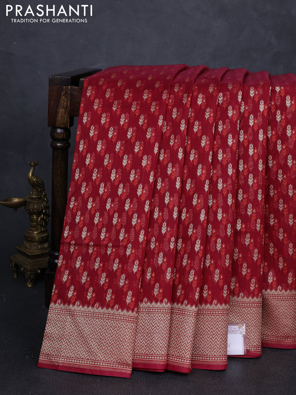 Banarasi silk cotton saree maroon with allover thread & zari woven buttas and zari woven border