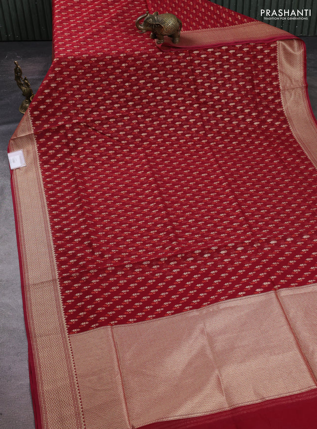 Banarasi silk cotton saree maroon with allover thread & zari woven buttas and zari woven border