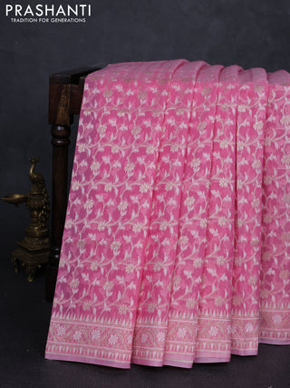 Banarasi silk cotton saree light pink with allover thread & zari woven brocade weaves and thread & zari woven border