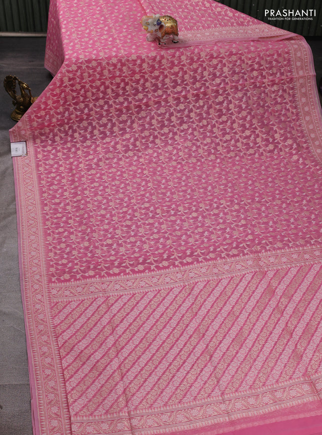 Banarasi silk cotton saree light pink with allover thread & zari woven brocade weaves and thread & zari woven border