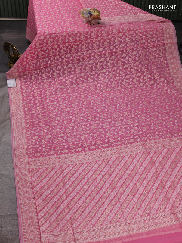 Banarasi silk cotton saree light pink with allover thread & zari woven brocade weaves and thread & zari woven border