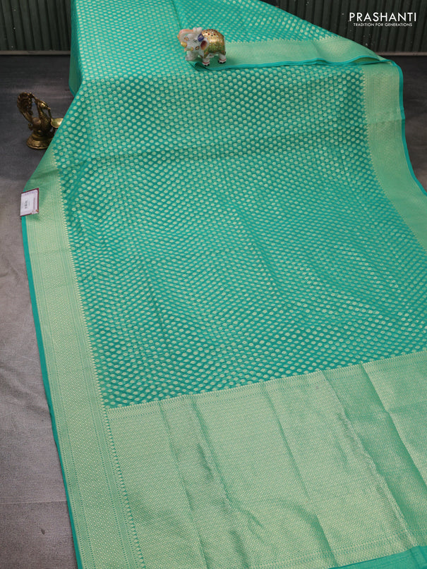 Banarasi silk cotton saree teal green with allover thread & zari woven brocade weaves and thread & zari woven border