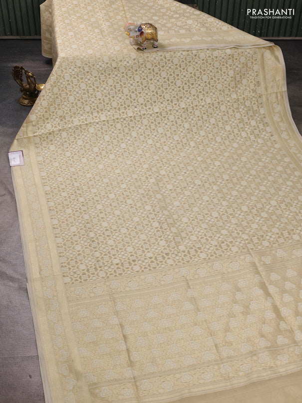 Banarasi silk cotton saree beige with allover thread & zari woven brocade weaves and thread & zari woven border
