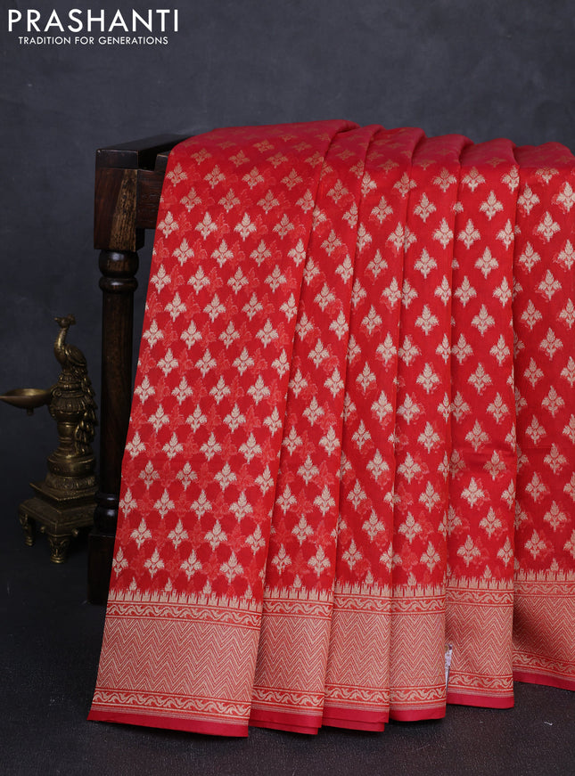 Banarasi silk cotton saree red with allover thread & zari woven buttas and thread & zari woven border