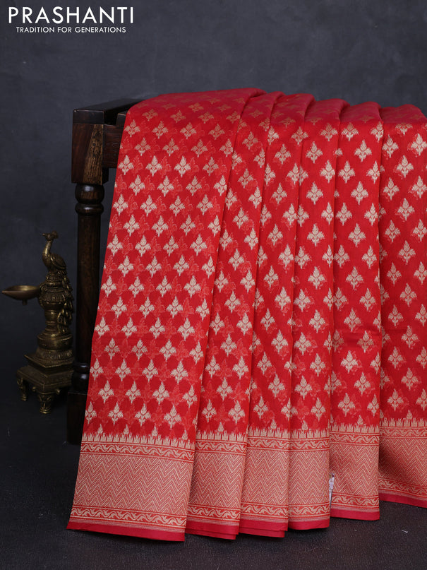 Banarasi silk cotton saree red with allover thread & zari woven buttas and thread & zari woven border