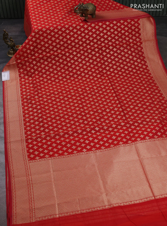 Banarasi silk cotton saree red with allover thread & zari woven buttas and thread & zari woven border