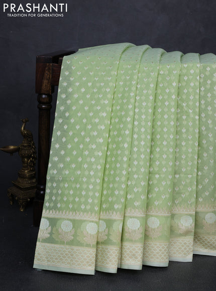 Banarasi silk cotton saree mild pista green with allover thread & zari woven buttas and thread & zari woven border