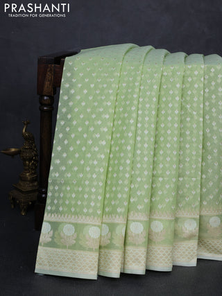 Banarasi silk cotton saree mild pista green with allover thread & zari woven buttas and thread & zari woven border