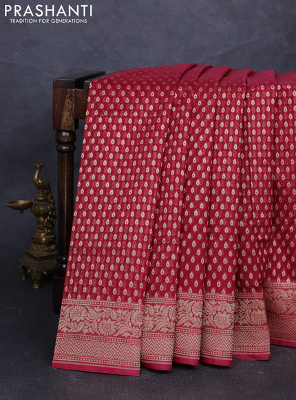 Banarasi silk cotton saree maroon with allover thread & zari woven buttas and temple design zari woven border