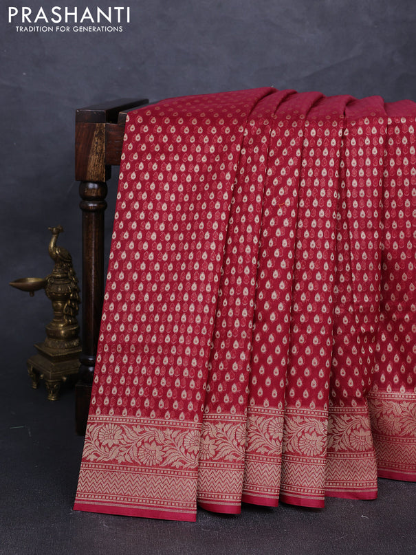 Banarasi silk cotton saree maroon with allover thread & zari woven buttas and temple design zari woven border