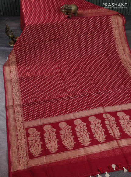Banarasi silk cotton saree maroon with allover thread & zari woven buttas and temple design zari woven border