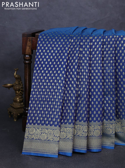 Banarasi silk cotton saree peacock blue with allover thread & zari woven buttas and temple design zari woven border