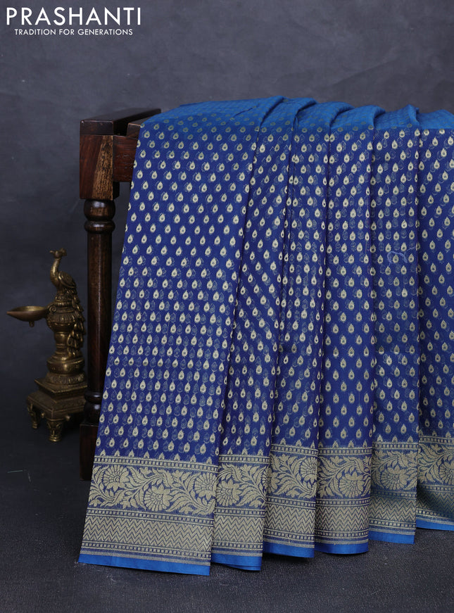 Banarasi silk cotton saree peacock blue with allover thread & zari woven buttas and temple design zari woven border