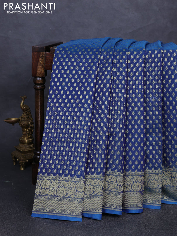 Banarasi silk cotton saree peacock blue with allover thread & zari woven buttas and temple design zari woven border