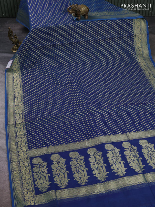 Banarasi silk cotton saree peacock blue with allover thread & zari woven buttas and temple design zari woven border