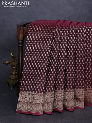 Banarasi silk cotton saree deep maroon with allover thread & zari woven buttas and temple design zari woven border