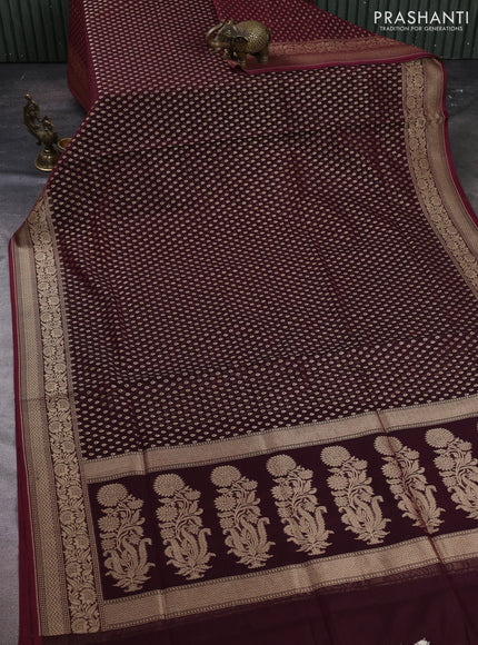 Banarasi silk cotton saree deep maroon with allover thread & zari woven buttas and temple design zari woven border
