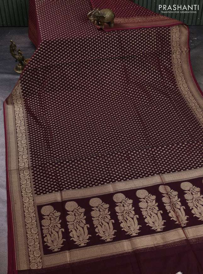 Banarasi silk cotton saree deep maroon with allover thread & zari woven buttas and temple design zari woven border