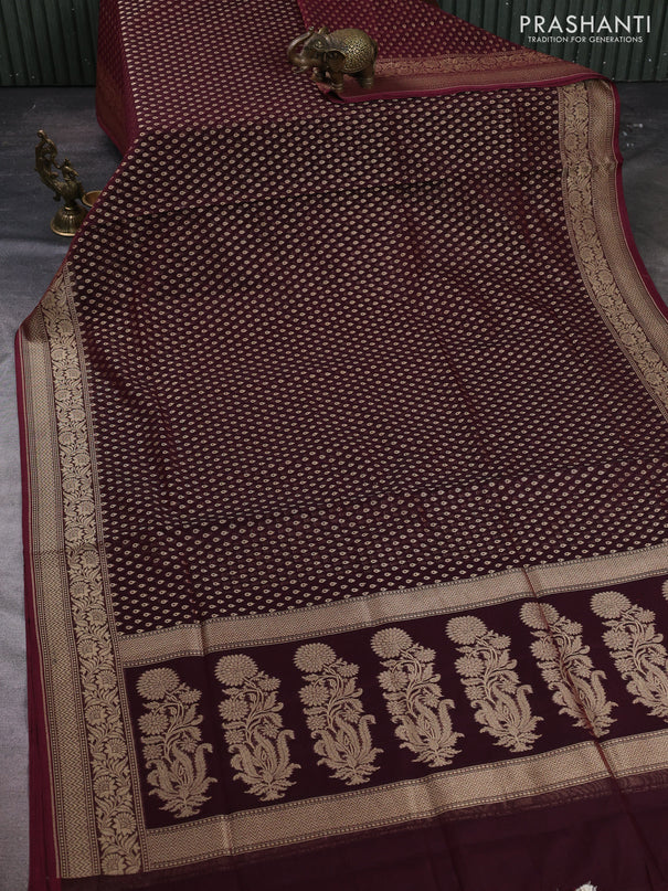 Banarasi silk cotton saree deep maroon with allover thread & zari woven buttas and temple design zari woven border