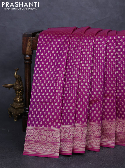 Banarasi silk cotton saree magenta pink with allover thread & zari woven buttas and temple design zari woven border