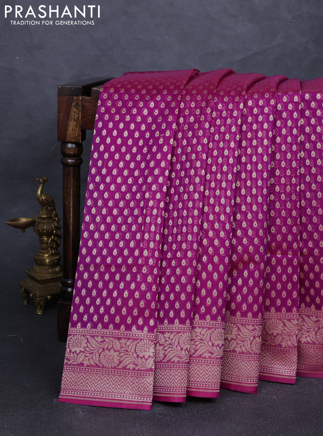 Banarasi silk cotton saree magenta pink with allover thread & zari woven buttas and temple design zari woven border