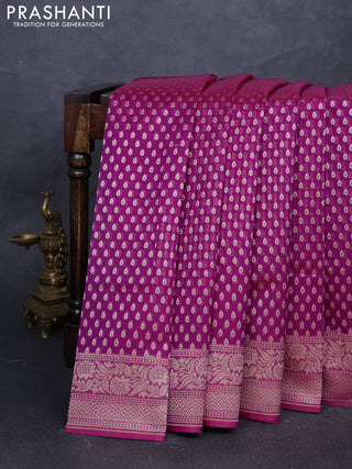 Banarasi silk cotton saree magenta pink with allover thread & zari woven buttas and temple design zari woven border