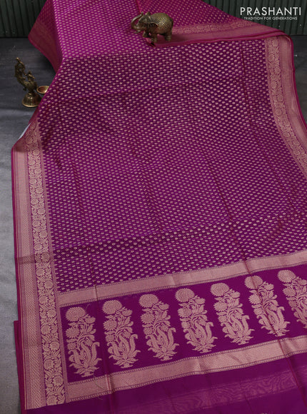 Banarasi silk cotton saree magenta pink with allover thread & zari woven buttas and temple design zari woven border