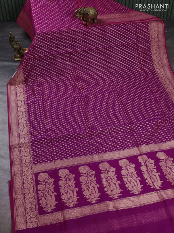 Banarasi silk cotton saree magenta pink with allover thread & zari woven buttas and temple design zari woven border