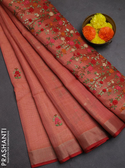 Linen cotton saree red with embroidery buttas and embroidery kantha stitch work pallu