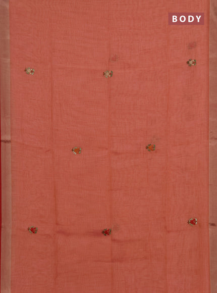 Linen cotton saree red with embroidery buttas and embroidery kantha stitch work pallu
