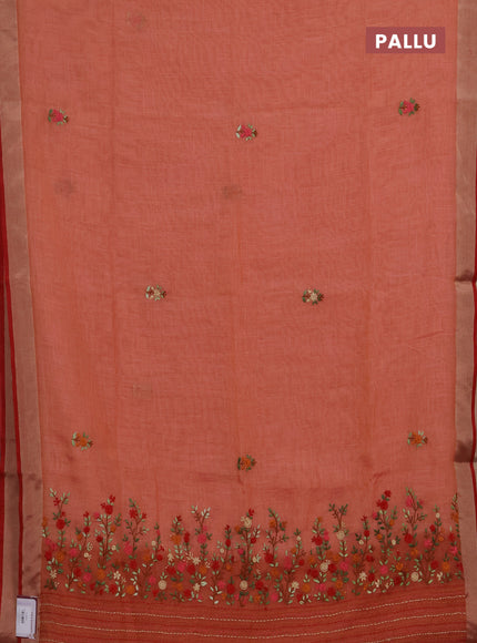Linen cotton saree red with embroidery buttas and embroidery kantha stitch work pallu