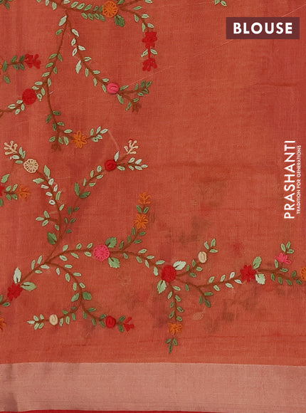 Linen cotton saree red with embroidery buttas and embroidery kantha stitch work pallu