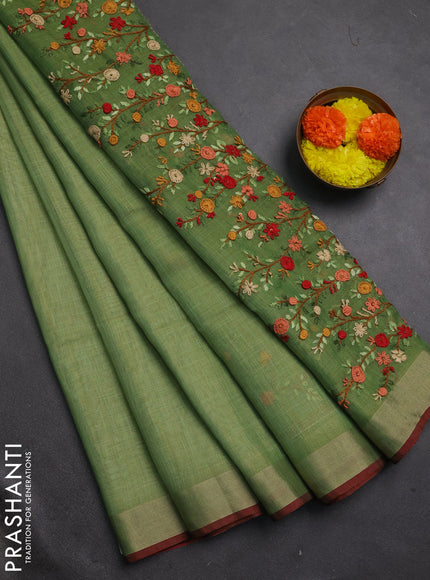Linen cotton saree light green with embroidery buttas and embroidery kantha stitch work pallu