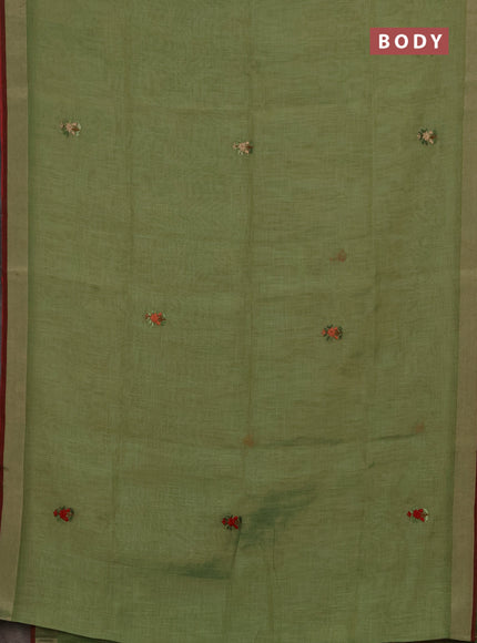 Linen cotton saree light green with embroidery buttas and embroidery kantha stitch work pallu
