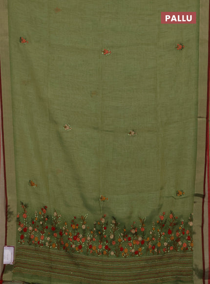 Linen cotton saree light green with embroidery buttas and embroidery kantha stitch work pallu