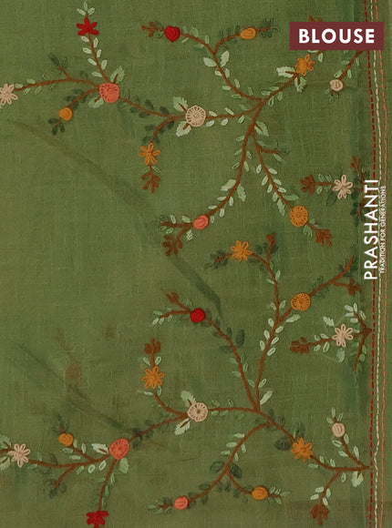 Linen cotton saree light green with embroidery buttas and embroidery kantha stitch work pallu