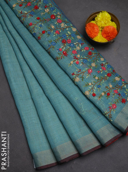 Linen cotton saree teal blue with embroidery buttas and embroidery kantha stitch work pallu