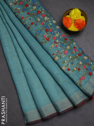 Linen cotton saree teal blue with embroidery buttas and embroidery kantha stitch work pallu