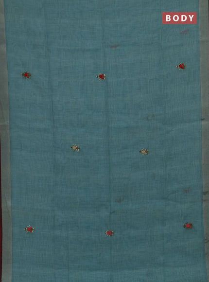 Linen cotton saree teal blue with embroidery buttas and embroidery kantha stitch work pallu
