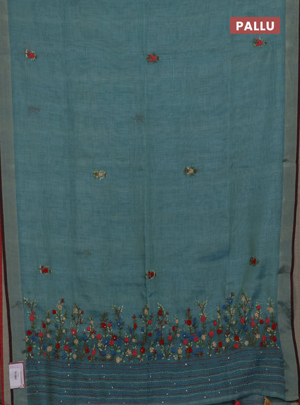 Linen cotton saree teal blue with embroidery buttas and embroidery kantha stitch work pallu