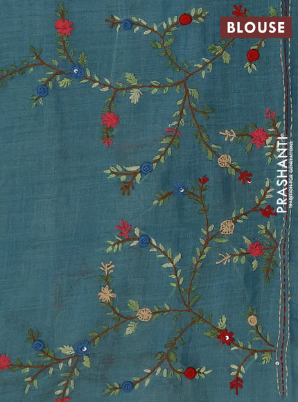 Linen cotton saree teal blue with embroidery buttas and embroidery kantha stitch work pallu