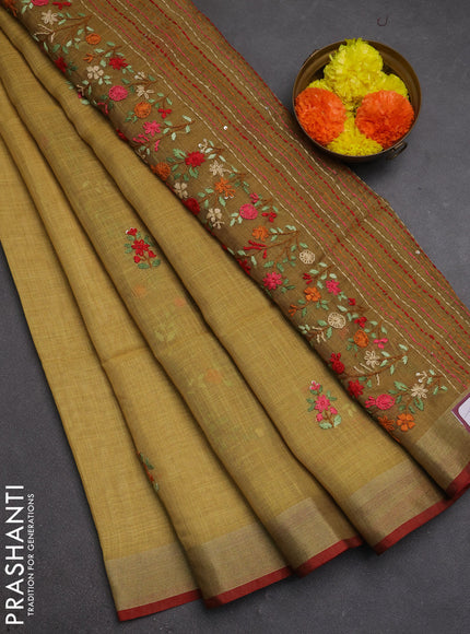 Linen cotton saree mustard yellow with embroidery buttas and embroidery kantha stitch work pallu