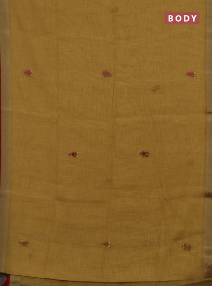 Linen cotton saree mustard yellow with embroidery buttas and embroidery kantha stitch work pallu