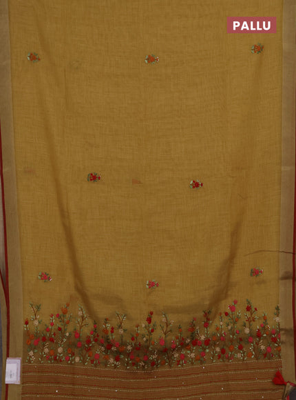 Linen cotton saree mustard yellow with embroidery buttas and embroidery kantha stitch work pallu