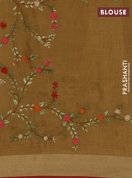 Linen cotton saree mustard yellow with embroidery buttas and embroidery kantha stitch work pallu