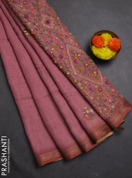 Tissue linen saree pink with embroidery buttas and embroidery pallu