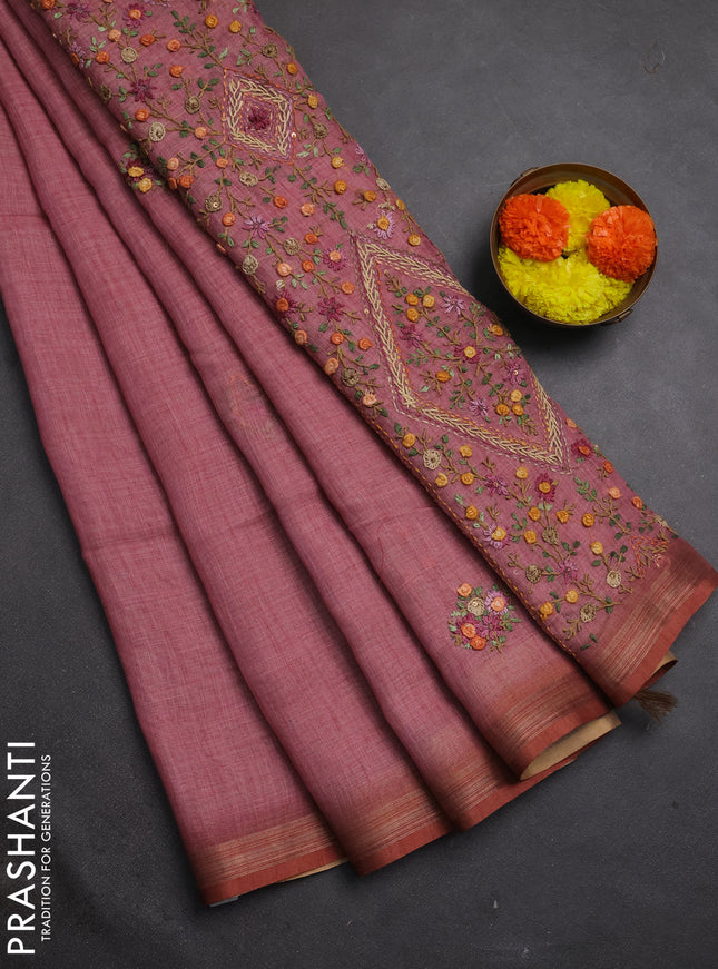 Tissue linen saree pink with embroidery buttas and embroidery pallu