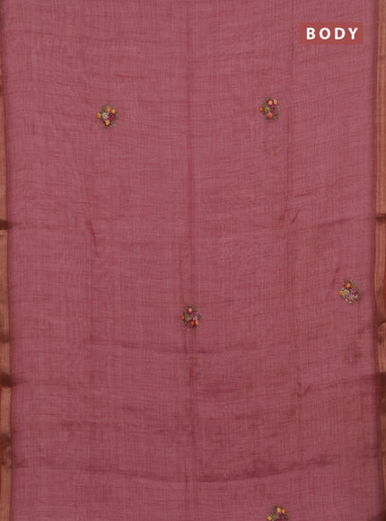 Tissue linen saree pink with embroidery buttas and embroidery pallu