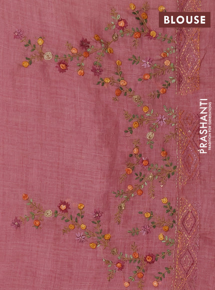 Tissue linen saree pink with embroidery buttas and embroidery pallu