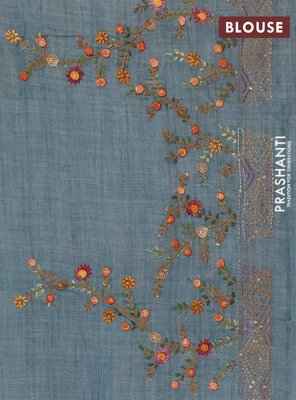 Tissue linen saree teal blue with embroidery buttas and embroidery pallu
